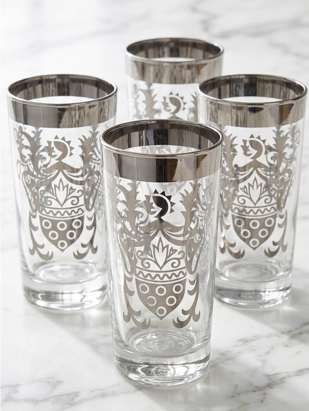 Vintage Kimiko Silver Rim Highball Glasses MCM Guardian Knight Shield Set of 4
